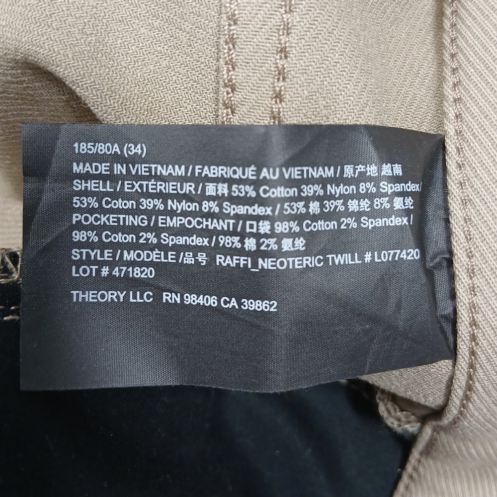 Theory Men's Pants Chinos Slim Fit Khaki Tan Size 34 - Picture 6 of 10